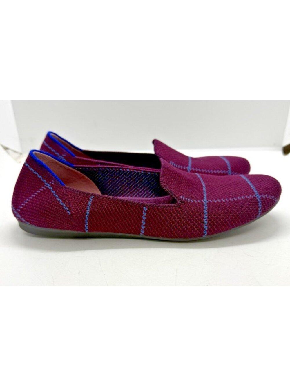 Rothy's The Loafer Burgundy Grid Plaid Flat Slip On 7.5 Washable Knit Shoes